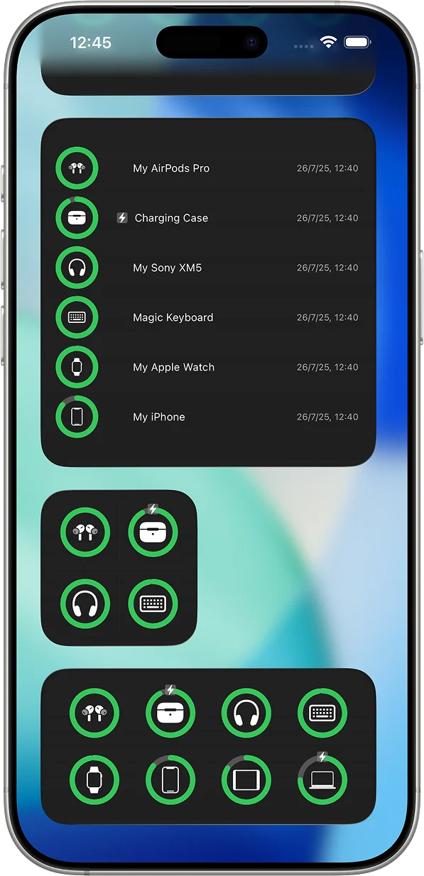 Six home screen widget sizes and styles for battery levels